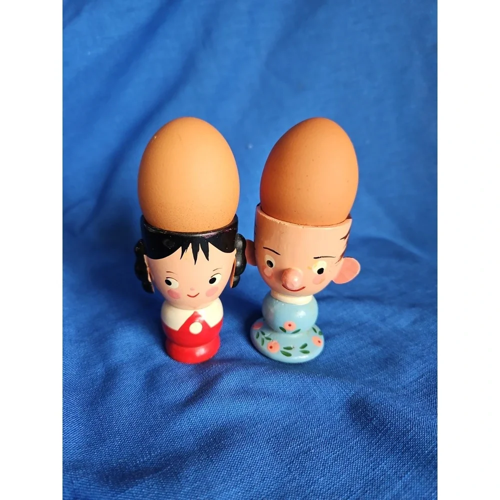 2‎ Wooden Egg Cups BOY GIRL Handmade Italy Sevi Vintage 1950s Hand Painted